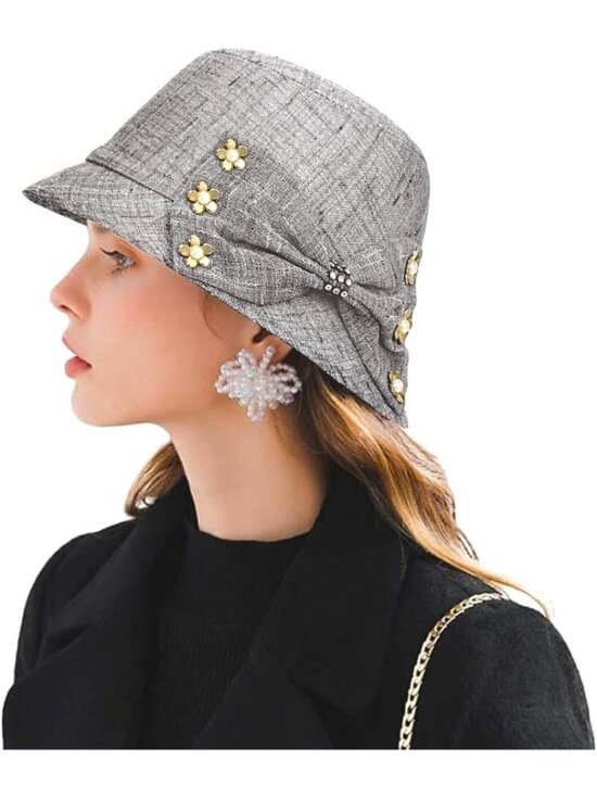 Women\'s Grey Vintage Felt Cloche inter Floral Fedora Imported Bucket Hat main image 5